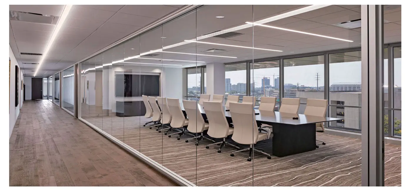 Smart Glass in conference room switched to clear transparent state