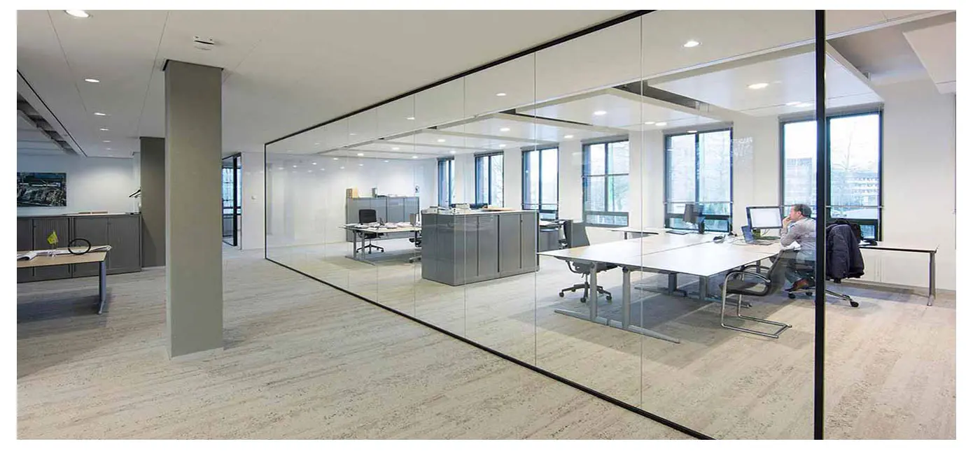 Smart Glass in office interior in transparent mode for open view