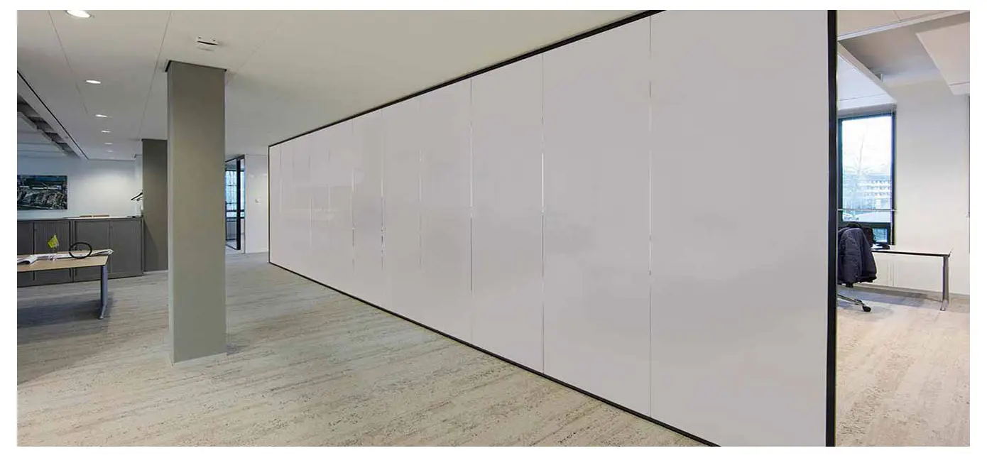 Smart Glass in office interior switched to opaque privacy mode