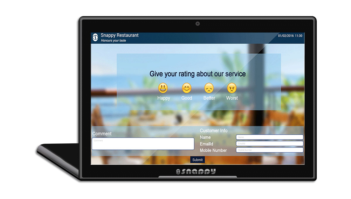 snappy front view of Wi-Fi-enabled feedback management system camera with 10.1-inch touchscreen display for easy customer interaction