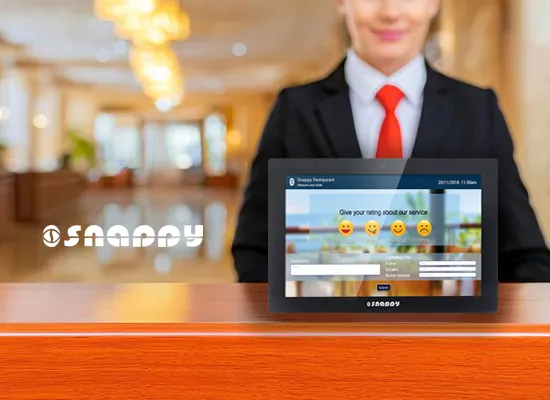 Snappy Feedback Management System tablet displaying a customer service rating interface