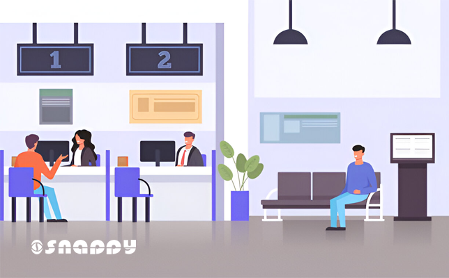 Illustration of a modern queue management system by Snappy, featuring digital counter displays, customer service desks and a waiting area for efficient service flow.