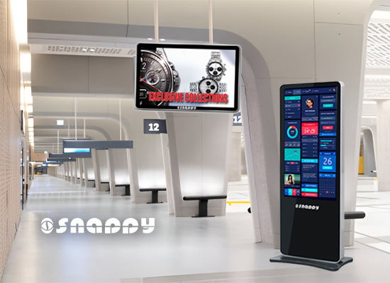Snappy digital signage display and advertising screen in a modern transit station
