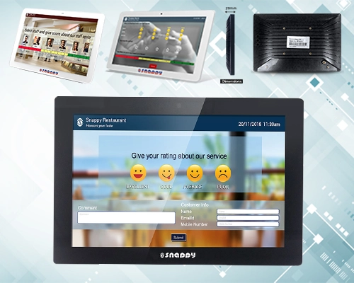 Snappy self-service kiosk with digital queue display screens in a modern service reception area