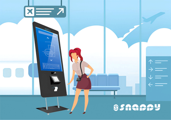 Snappy self-service digital kiosk for check-in and information display with traveler using touchscreen