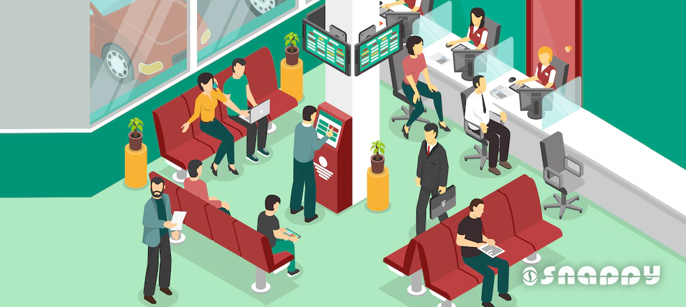 Snappy Queue Management System in a customer service center with ticket kiosk, displays and waiting area