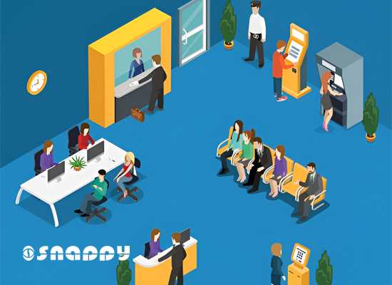 Queue management system in a modern service center with people waiting, using kiosks and being served at counters, branded with Snappy