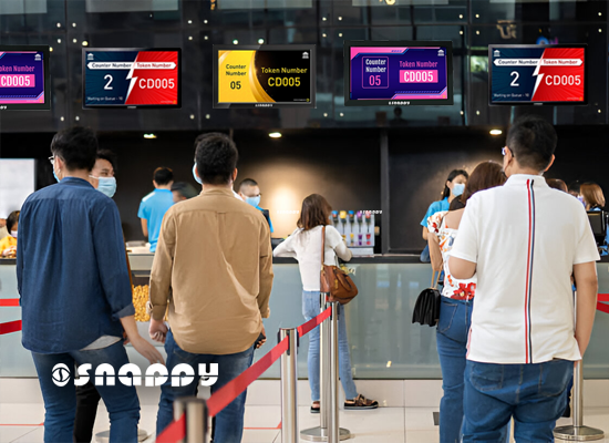Snappy's digital queue management system, with counter display screens showing token numbers for efficient service