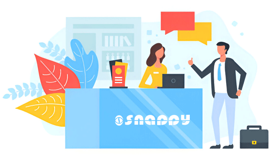 Snappy's smart visitor management system in Dubai, showing a digital check-in counter with receptionist and visitor interaction